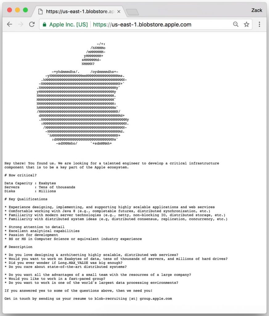 Apple annuncio di lavoro nascosto nella pagina