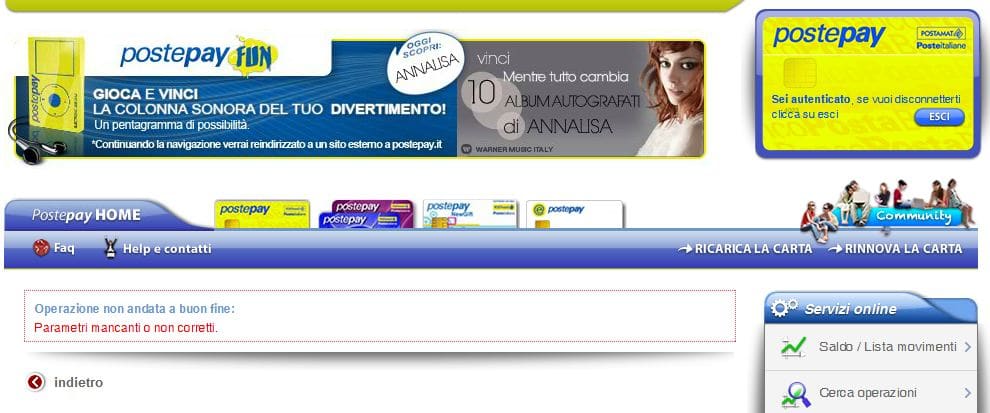 postepay parametri mancanti o non corretti